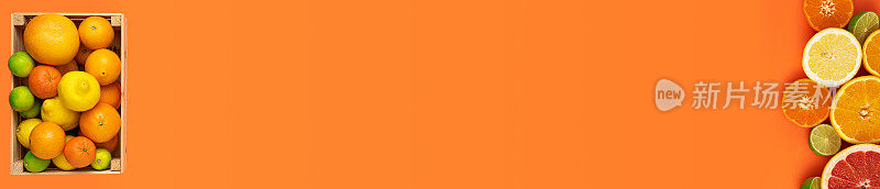 Flat layout banner with a box of whole fresh citrus fruits on the left and more cut fruits on the right side of the image on an orange background.